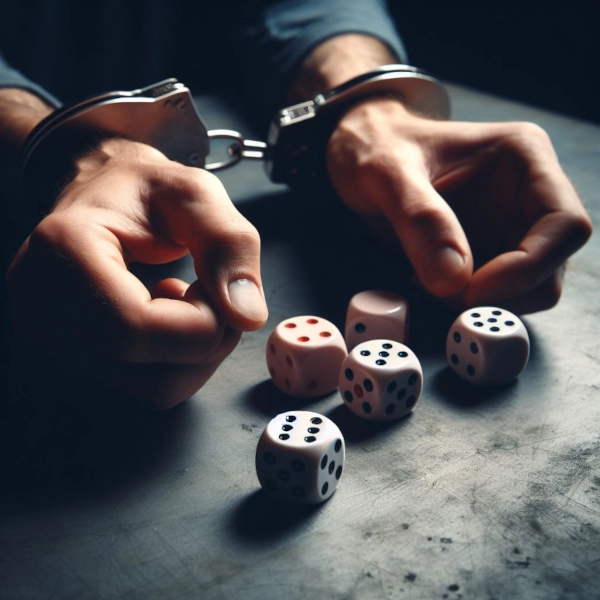 A pair of handcuffed hands roll fake Yahtzee dice