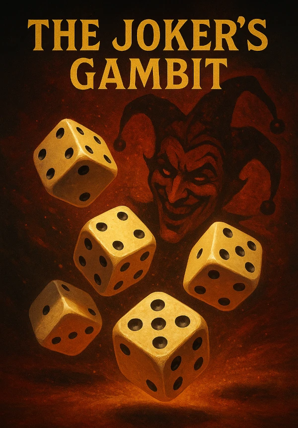 The Joker's Gambit poster, featuring a smirking devil and five Yahtzee dice.