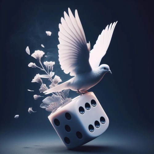 A Yahtzee peace dove flying away with a single die