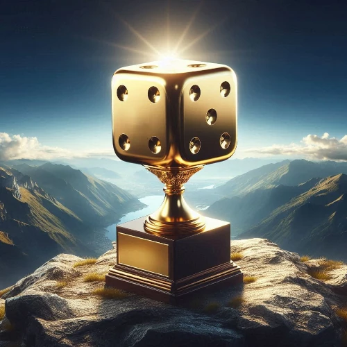A dice trophy on a mountaintop