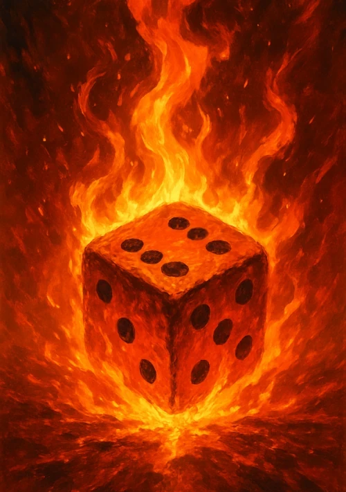 A flaming Yahtzee die.