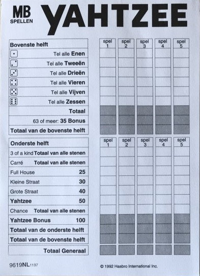 Yahtzee Scorebloc, Nederlands, ©1992 Hasbro
