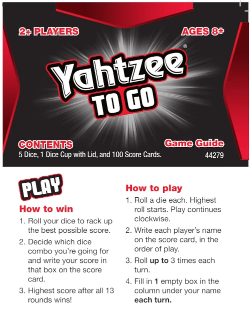 Yahtzee to Go Rules PDF, 2014